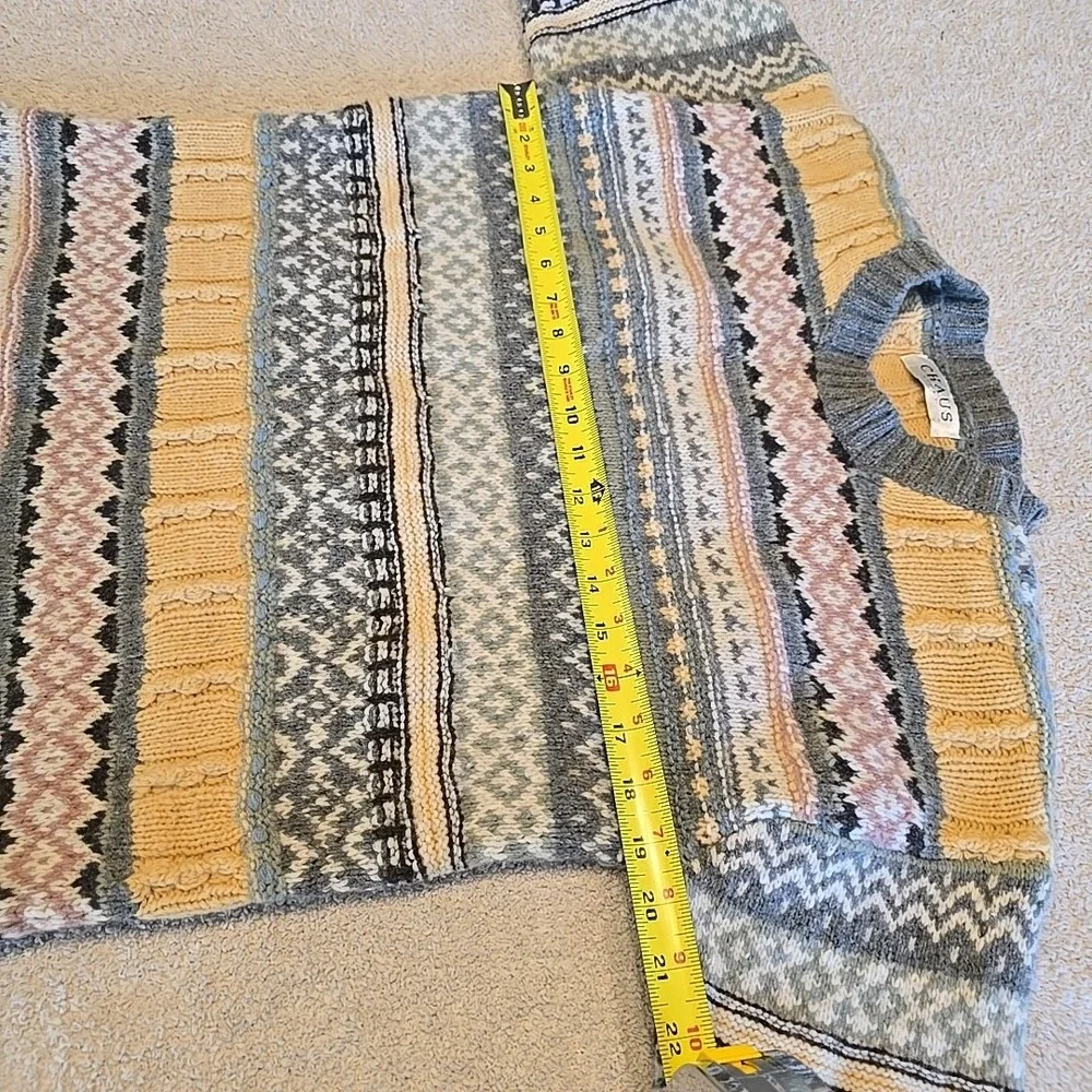 CHAUS Sport Womens S 100% Lambswool Pink Gray Yellow Stripe‎ Pullover Sweater